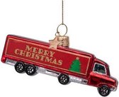 Ornament glass red truck w/merry christmas H5cm