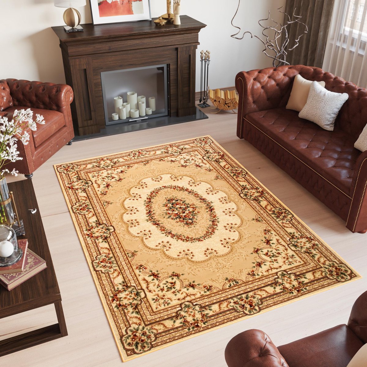 Tapiso Yesemek Vloerkleed Creme Traditioneel Vintage Medaillon Frame Design Woonkamer Slaa