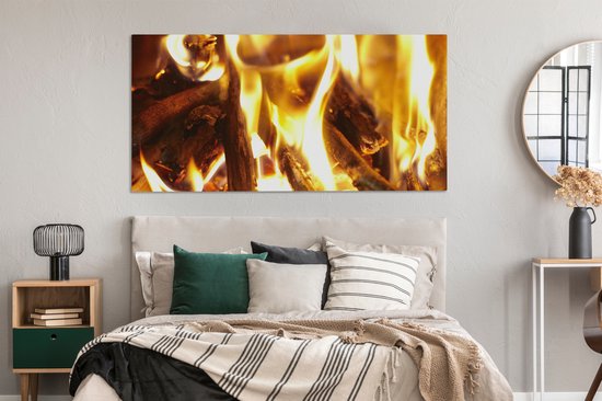 Tableau sur toile Une cheminée avec feu - 160x80 cm - Décoration murale