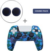 Siliconen Beschermhoes + Thumb Grips voor Sony PS5 DualSense Draadloze Controller - Softcover Hoes / Case / Skin voor PlayStation 5 - Camouflage Blauw