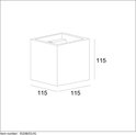 Technische tekening van een taupekleurige kubusvormige wandlamp met afmetingen 115x115x115 mm.