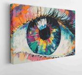 Canvas schilderij - “Fluorite” - oil painting. Conceptual abstract picture of the eye. Oil painting in colorful colors. Conceptual abstract closeup of an oil painting and palette k