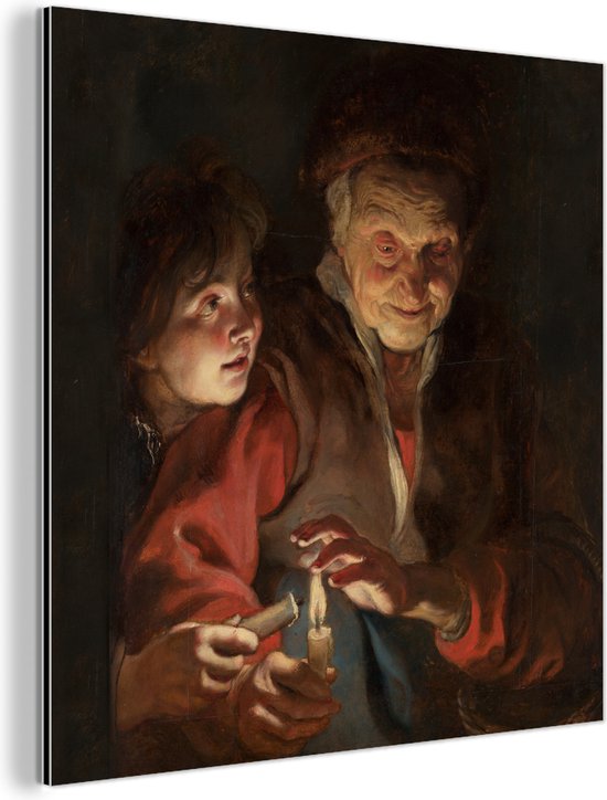 Wanddecoratie Metaal - Aluminium Schilderij - Oude vrouw en jongen met kaarsen - Schilderij van Peter Paul Rubens