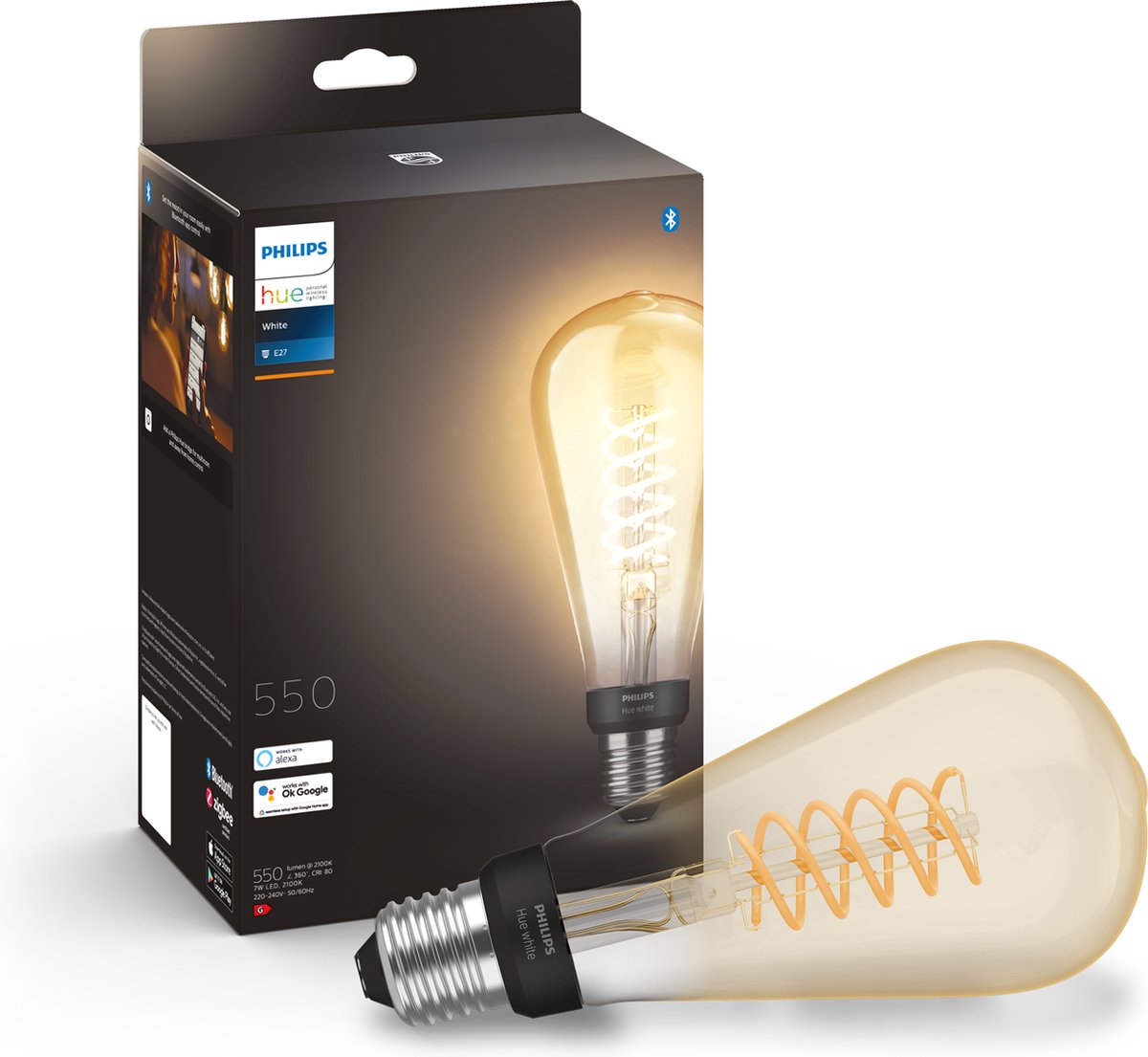 Philips Hue Filament Lichtbron E27 – Edison Groot (ST72) – zachtwit licht – Ø 7,2 cm – 7W – Bluetooth