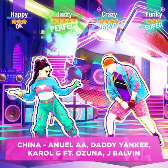 Twee dansers voor een neonroze en paarse achtergrond. De linker danser draagt een turquoise crop top en wijde broek. De rechter danser draagt een paarse top en roze korte broek.
