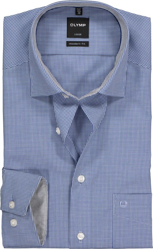 OLYMP Luxor modern fit overhemd - donkerblauw met wit geruit (contrast) - Strijkvrij - Boordmaat: 40