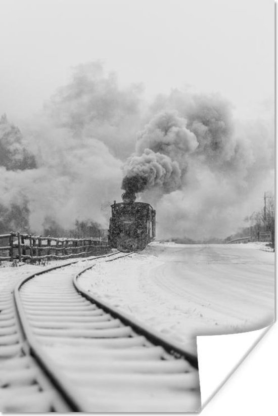 Poster Vintage trein door de sneeuw in zwart-wit - 20x30 cm