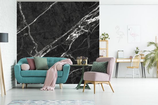 Behang - Fotobehang Marmer - Lijn - Wit - Zwart - Breedte 260 cm x hoogte 260 cm
