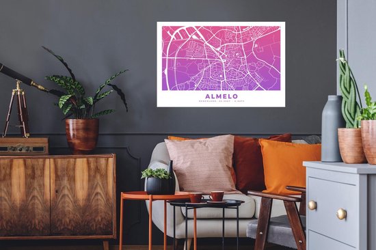 Stickers muraux - Plan de la Nederland - Almelo - Pays-Bas - Violet - 90x60 cm - Feuille adhésive - Carte