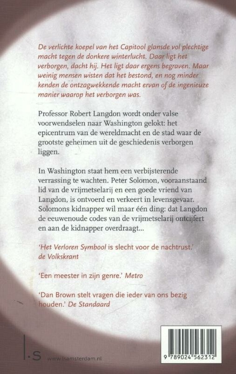 Achterkant boek 'Het verloren symbool' met samenvatting en recensies.
