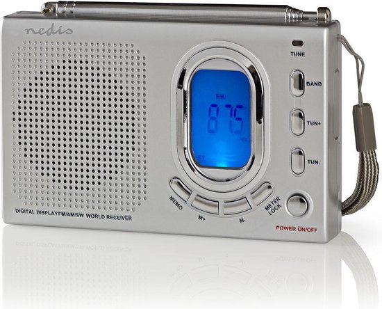Wereldradio - Draagbaar Model - AM / FM / SW - Batterij Gevoed / Netvoeding - Digitaal - 1.5 W - Koptelefoonoutput - Wekker - Slaaptimer - Grijs