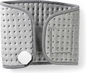 Grijze verwarmingskussen, ingesteld als een band met klittenband. Gestippeld fleece materiaal met een verstevigd rond detail.