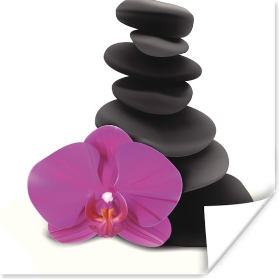 Stapel met zwarte zen stenen staan opgestapeld op een witte achtergrond naast de stapel ligt de bloem van een orchidee 30x30 cm - Foto print op Poster (wanddecoratie woonkamer / slaapkamer)