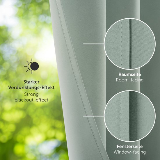 Close-up van zachtgroene gordijnen die de 'sterke verduisteringseffect'-zijde en de 'ruimte' en 'raam' zijden tonen.