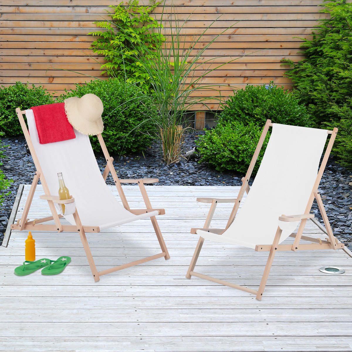 Relaxdays strandstoel hout set van 2 - met armleuning - inklapbare ligstoel  - wit - wit | bol.com