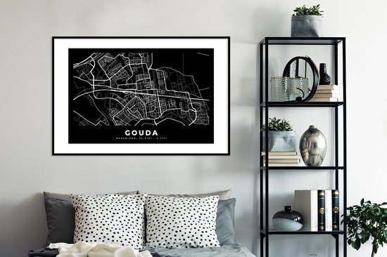 Affiche avec cadre Carte - Gouda - Zwart - 120x80 cm
