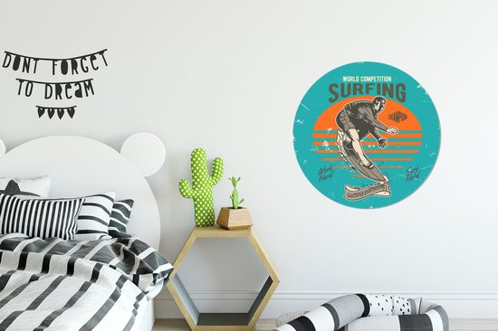 WallCircle - Stickers muraux - Cercle Papier Peint - Vintage - Surf - Planche de Surf - 80x80 cm - Cercle Mural - Auto Adhésif - Autocollant Rond Papier Peint