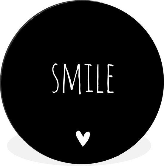 WallCircle - Wandcirkel - Muurcirkel - Engelse quote "Smile" op een zwarte achtergrond - Aluminium - Dibond - ⌀ 120 cm - Binnen en Buiten XXL