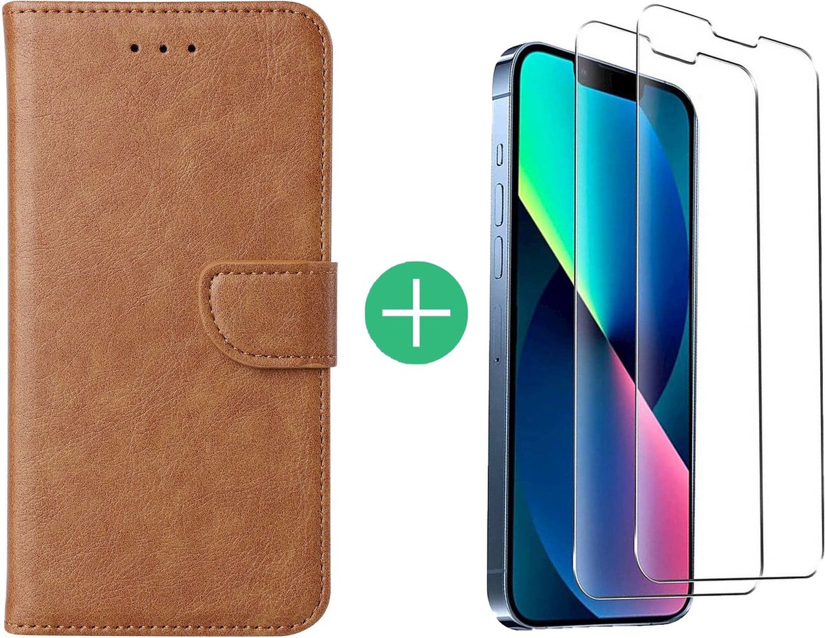 Hoesje Geschikt voor iPhone 13 bookcase met 2 Pack Screenprotector gehard glas – Bruin