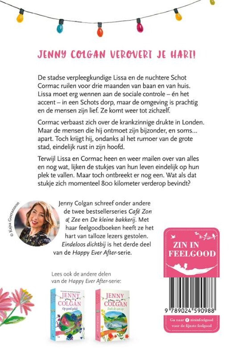 Achterkant van het boek 'Jenny Colgan Eindeloos dichtbij' met een foto van de auteur, andere boeken en een zin in feelgood-sticker.