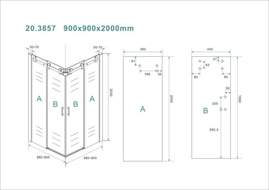 Cabine de douche Wiesbaden Carrée Porte coulissante 90x90x200cm Anti-calcaire Verre clair Chrome Profil 8mm Verre de sécurité Facile à nettoyer