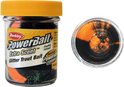 Berkley PowerBait Extra Scent Glitter Trout Bait, oranje en zwarte glitter.