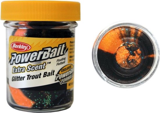 Berkley PowerBait Extra Scent Glitter Trout Bait, oranje en zwarte glitter.