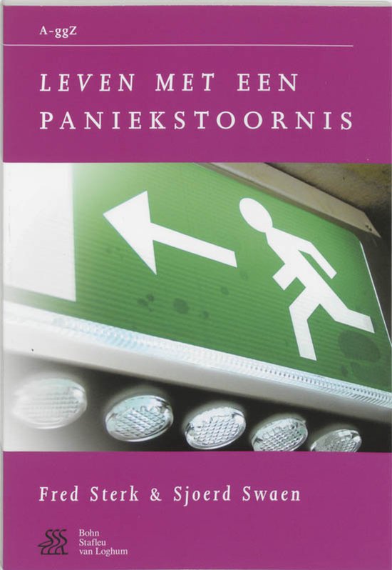 Boek 'Leven met een paniekstoornis' met op de cover een nooduitgangsbord met pijl naar links.