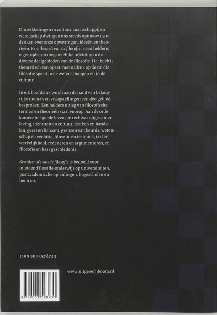 Achterkant van het boek 'Kernthema's van de filosofie' met ISBN.
