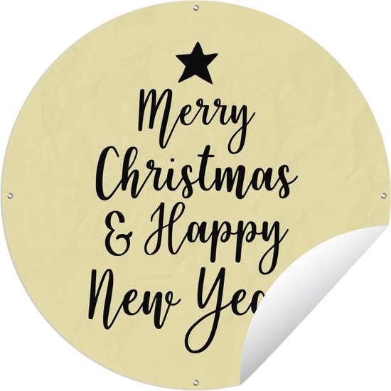 Tuincirkel Kerst quote "Merry Christmas & Happy New Year" op een gele achtergrond - 90x90 cm - Ronde Tuinposter - Buiten