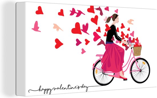 Canvas Schilderij Een illustratie van een vrouw op de fiets met een mand vol hartjes - 40x20 cm - Wanddecoratie