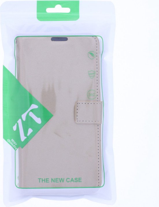 Gouden portemonnee telefoonhoesje in verpakking. Opdruk 'THE NEW CASE'.