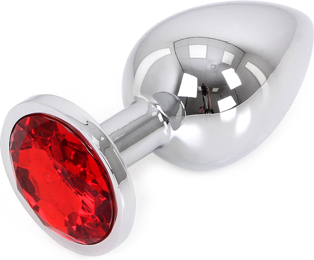 Goedkoopste Butt plug aluminium met rood kristal - large