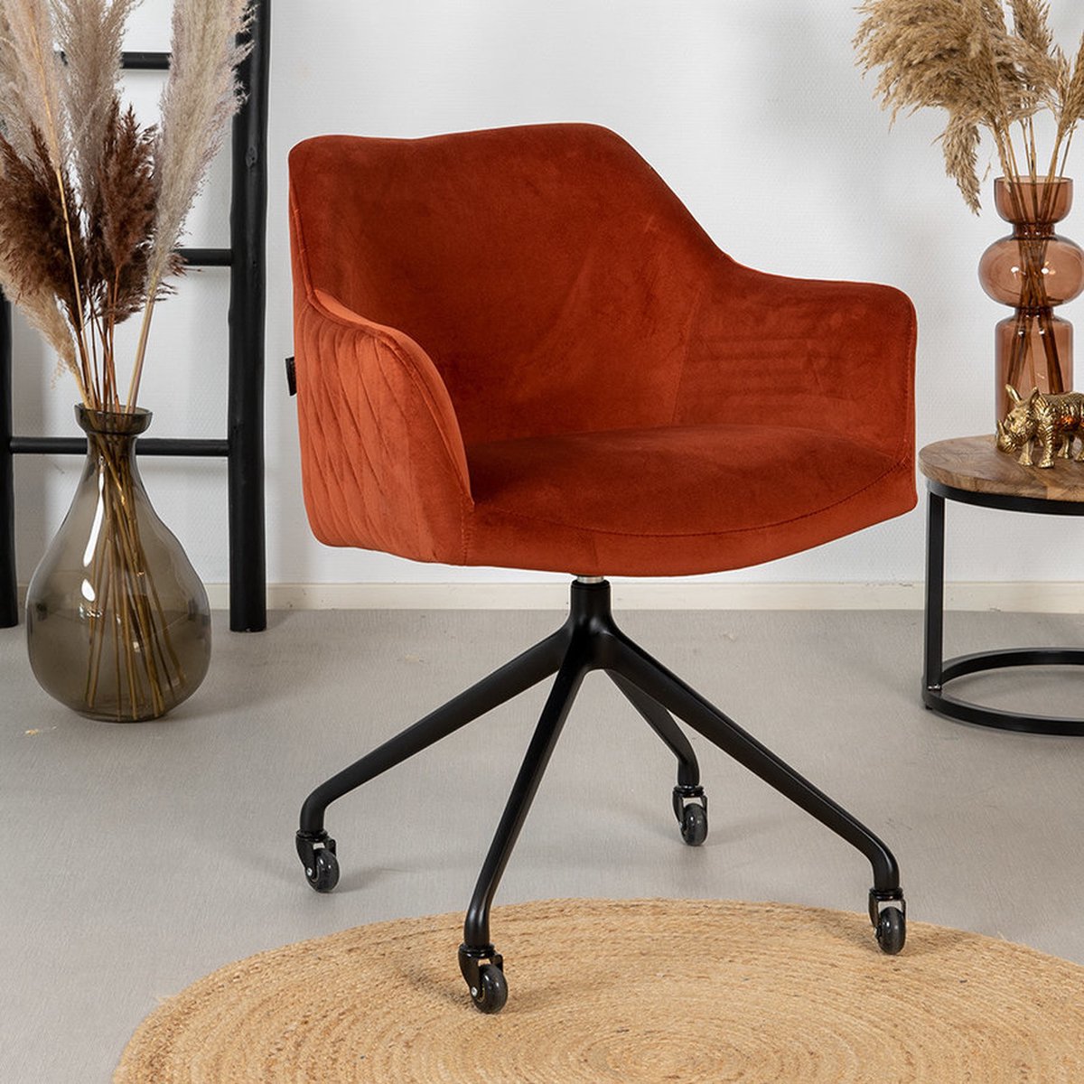Bronx71 Eetkamerstoel met wieltjes Quinn koper velvet - Eetkamerstoelen set van 4 - stoel cognac, koper