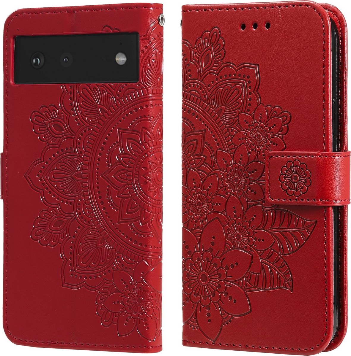 Mobigear Telefoonhoesje geschikt voor Google Pixel 6 Hoesje | Mobigear Flowers Bookcase Portemonnee | Pasjeshouder voor 3 Pasjes | Telefoonhoesje voor Pinpas / OV Kaart / Rijbewijs - Rood