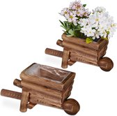 Relaxdays Bloempot kruiwagen - set van 2 - plantenkar - met folie - tuindecoratie - hout