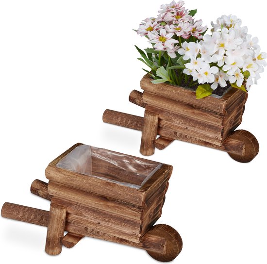 Beschaven studio leer Relaxdays Bloempot kruiwagen - set van 2 - plantenkar - met folie -  tuindecoratie - hout | bol.com