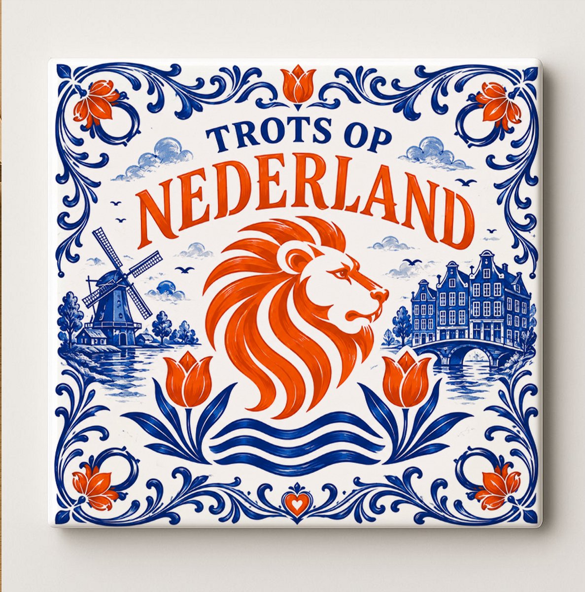Bedruk King Nederland Trots Decoratieve Keramische Tegel – Nederlandse Leeuw Wandtegel – Oranje Blauw Tulp Windmolen Souvenir Cadeau Wit