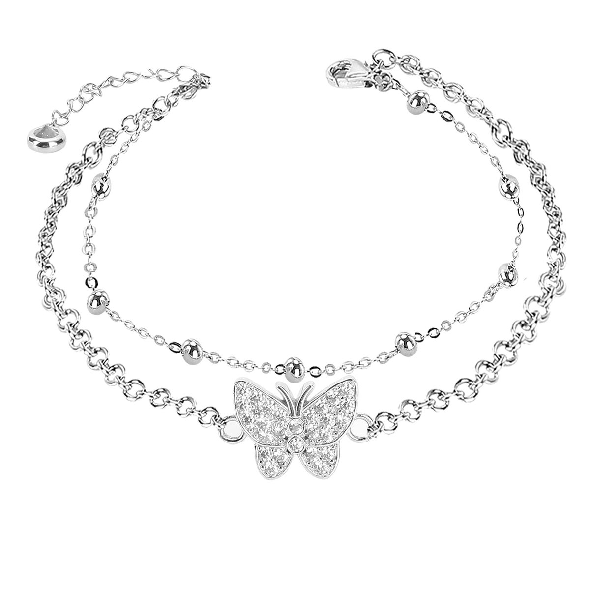 Dailygoody - Vlinder-enkelkettinkje - Verstelbaar en gelaagd - Zilver - Enkelbandje voor dames - Perfect voor strand en zomer - Inclusief geschenkdoos