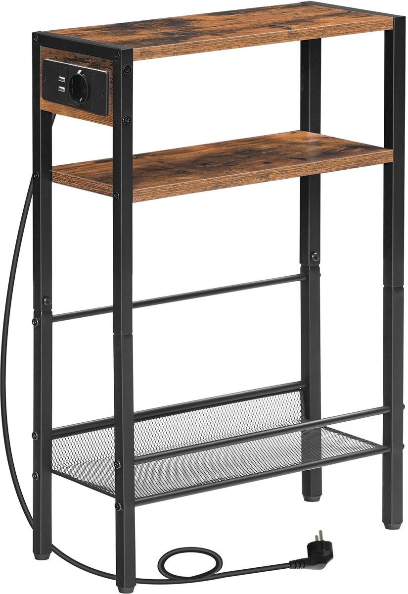 Dailygoods - Dailygoody - Side Table - Vintage Style - Met stopcontact en USB-poorten - Rustic Brown - 3-laags - Ideaal voor kleine ruimtes - Voor woon- en sl
