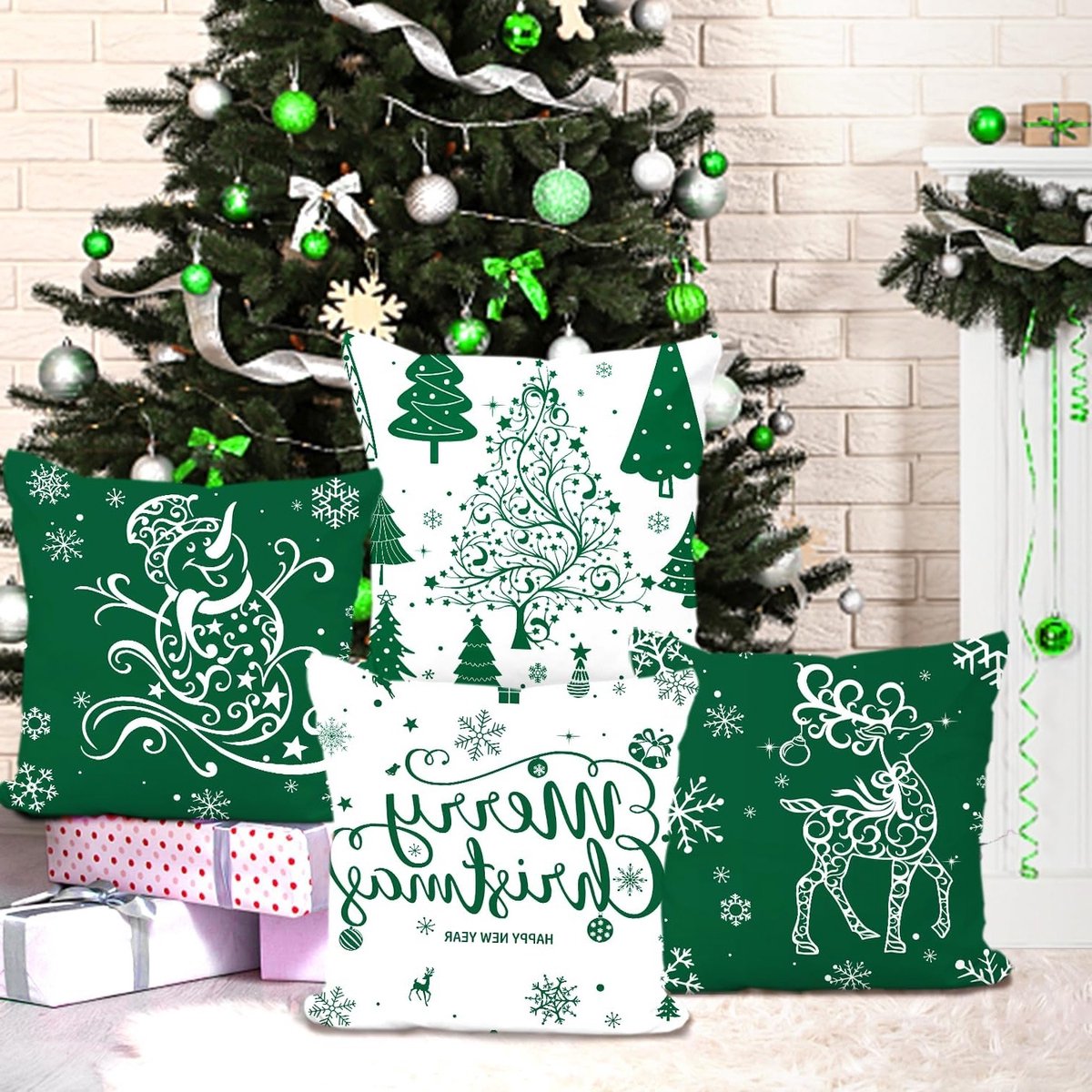Kerstkussenhoezen Set van 4 - 50x50 cm met Kerstbomen, Herten en Sneeuwpop - Feestelijke Decoratie voor de Kerstperiode
