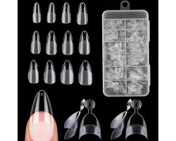 Korte Amandel Nageltips voor Gel Extensions - Semi-Transparante Matte Valse Coffin - Nagelkunst Tips met Assortimentdoos - 12 Maten Franse Valse Nageltips Extensions voor Manicure en Nail Art