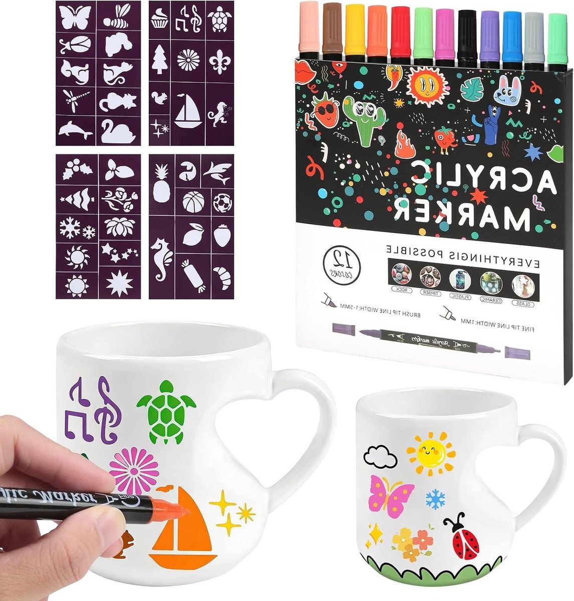 Keramisch Schilderset voor Volwassenen, Inclusief 2 Hartvormige Mokken, 12 Kleur Waterproof Stiften en 4 Sjablonen voor Creatieve DIY Projecten