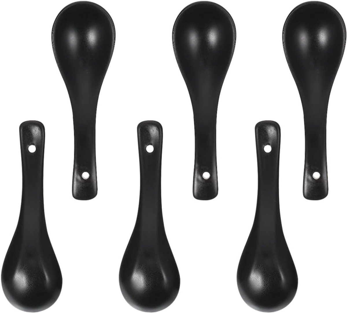 Set van 6 Keramische Soeplepels in Zwart - Praktische Dessertlepels voor Aziatische Gerechten met Ergonomisch Ontwerp en Gepolijste Afwerking