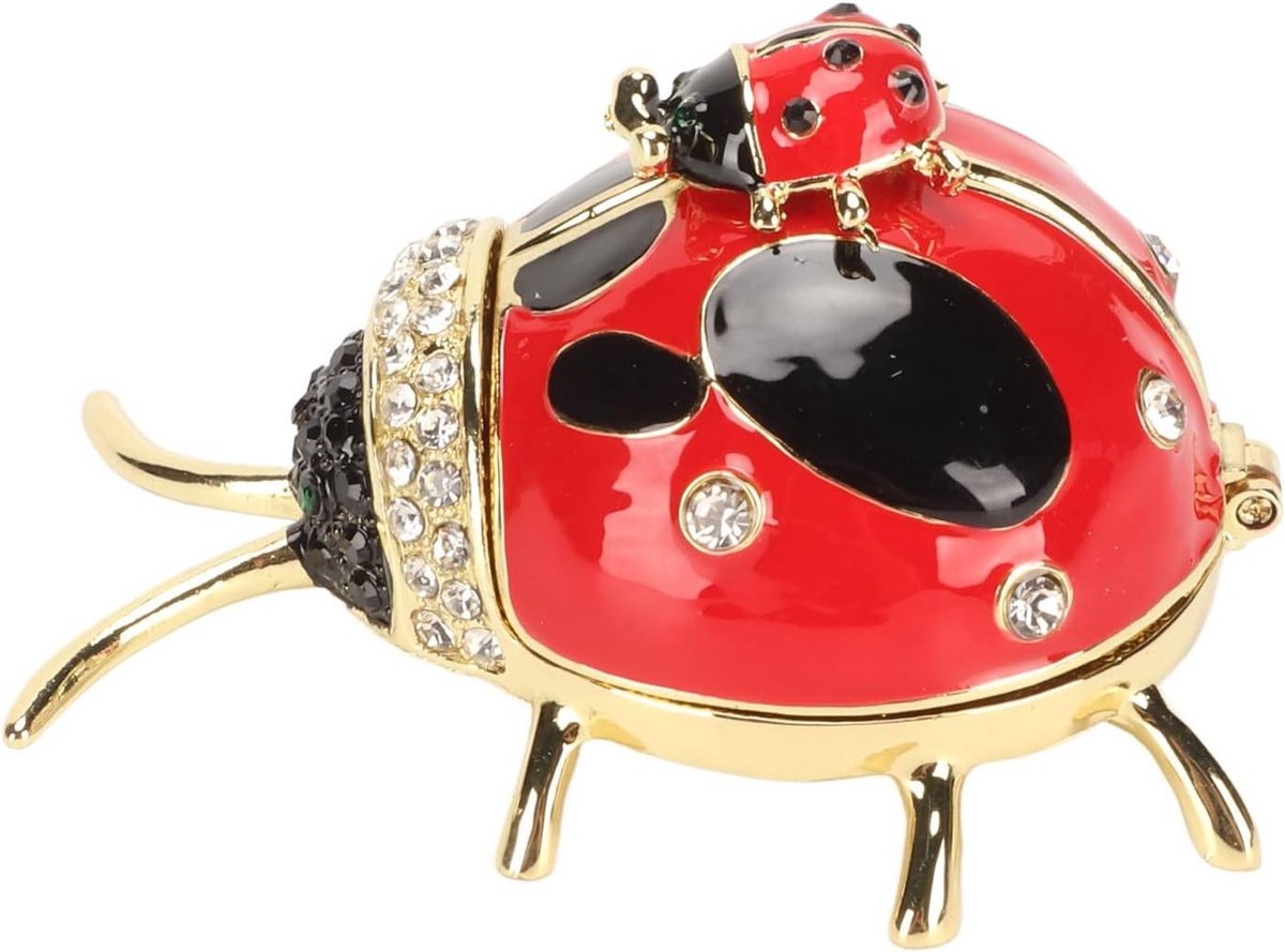 Handgeschilderde Lieveheersbeestje Sieraaddoos met Rode Emaille en Kristallen, Perfect voor Ringen en Oorbellen, Decoratief Ornament voor Thuis