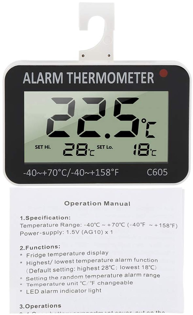 Dailygoods - Dailygoody - Digitale Koelkastthermometer - Met Alarm - LCD Scherm - Handig en gebruiksvriendelijk - Nauwkeurige temperatuurmeting - Ideaal voor thuis..