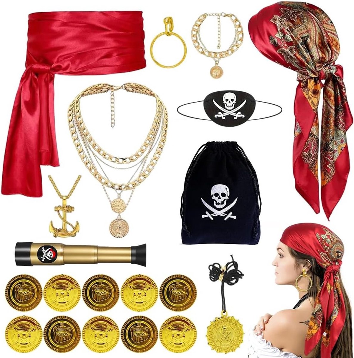 Piratenkostuum voor Dames met Hoofddoek, Ooglap, Tailleketting en Haaraccessoires voor Feestjes