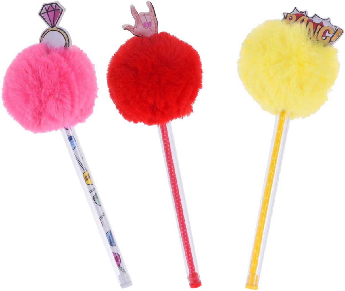 Dailygoods - Dailygoody - Balpen Set - Schrijfaccessoires - Trendy Design - Rood Geel Roze - Pompon Dop - Perfect voor Creatieve Geesten