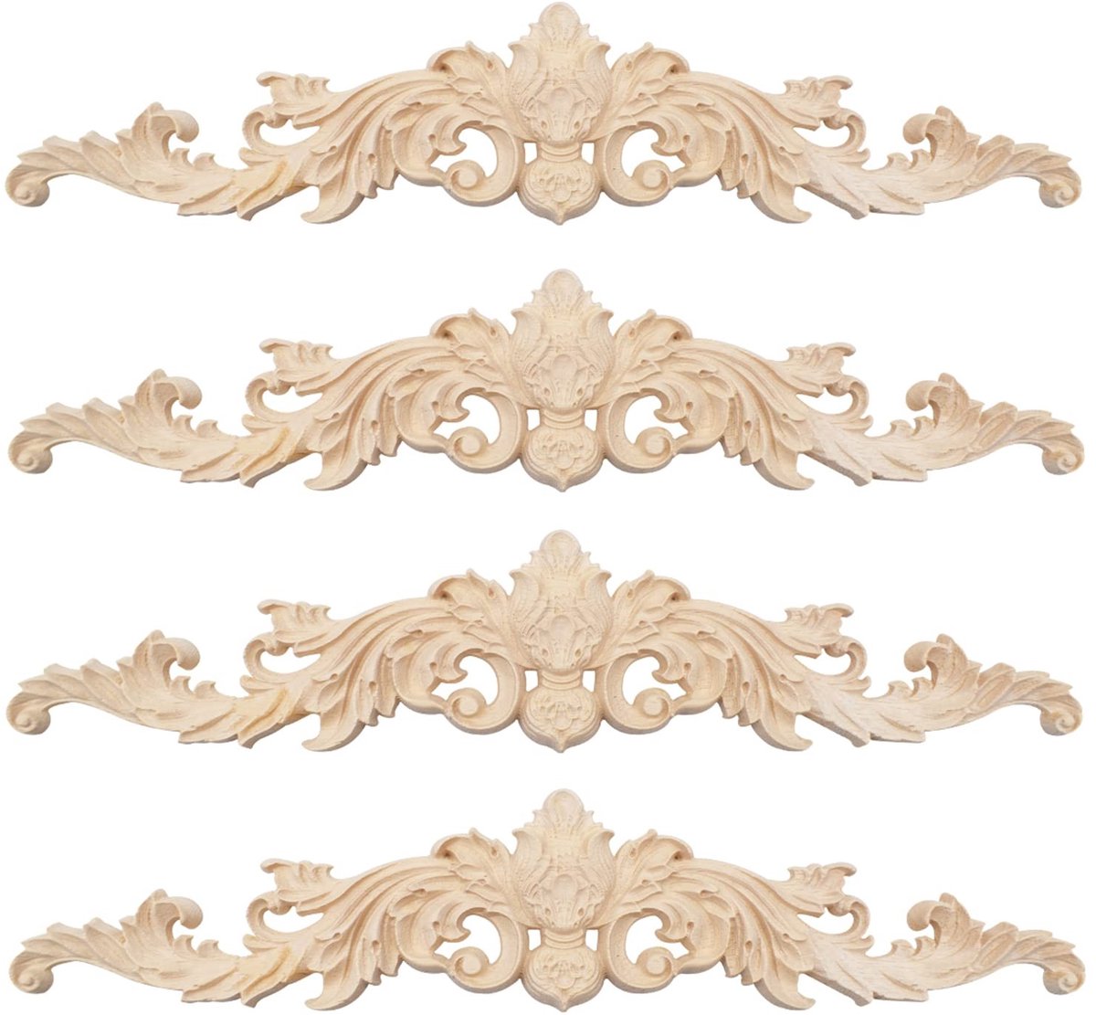 Dailygoods - Dailygoody - Houtsnijwerk Decoratie - 4 Stuks Houtsnijwerk - Natuurlijke Houtkleur - Bloempatroon - Perfect Voor Kasten Ramen Spiegels - Voor Meubels