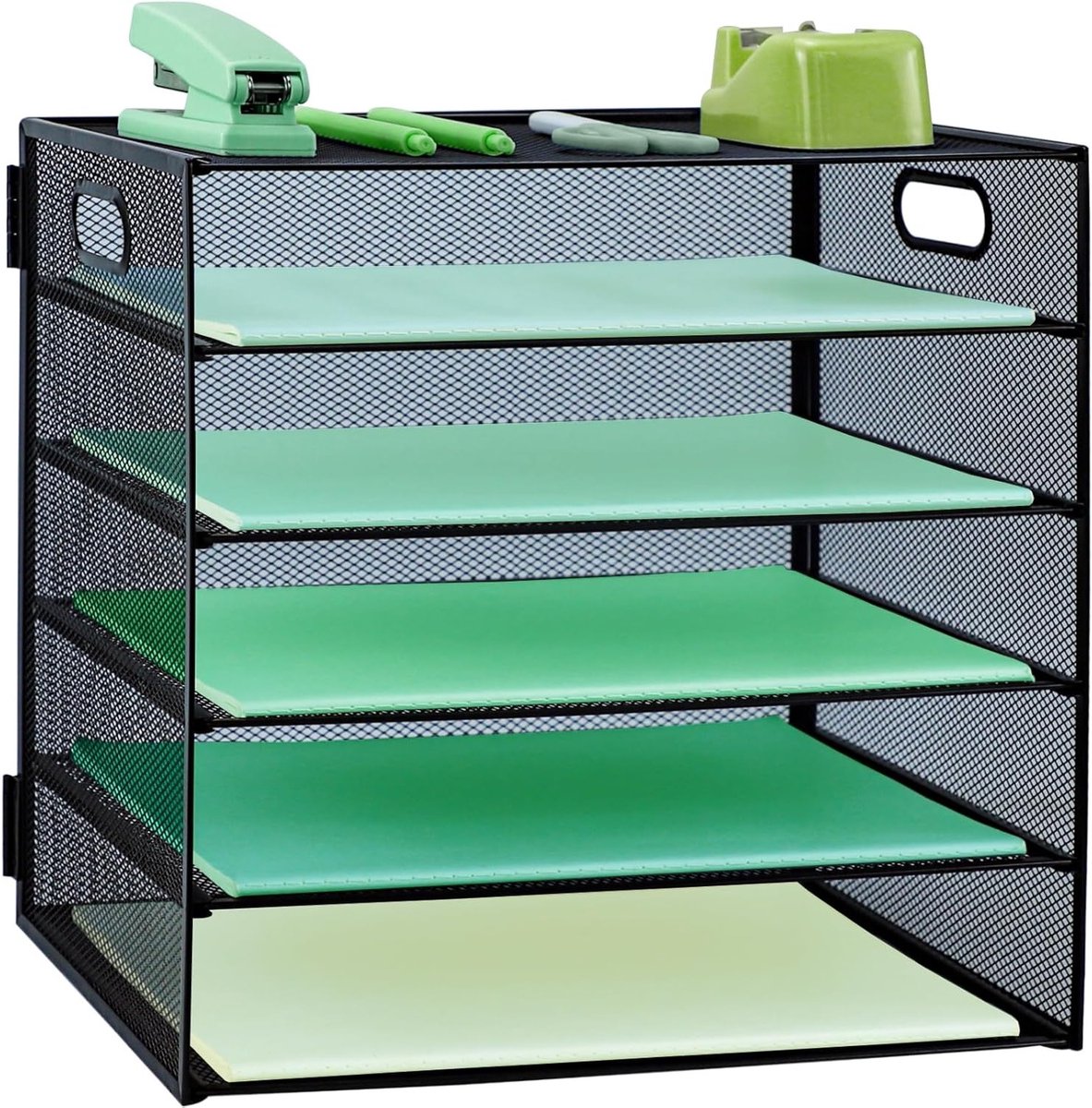 Vijflaags metalen netwerk bureau-organizer voor A4-papier, tijdschriftenhouder en desk tidy voor thuiswerkplek, zwart